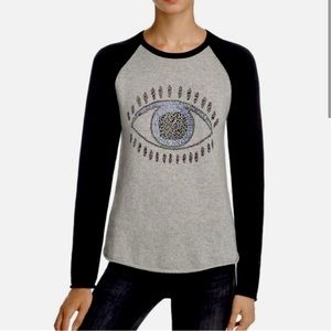 AQUA Cashmere Evil Eye Grey Blue Gem Studded Embellished Pullover Sweater